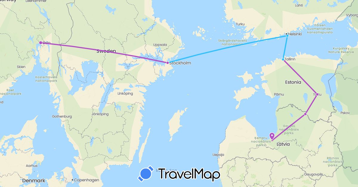 TravelMap itinerary: driving, train, boat in Estonia, Finland, Latvia, Norway, Sweden (Europe)